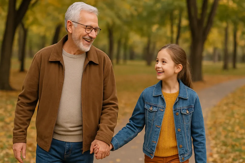Grandfather and granddaughter walking and talking in a park Grandfather and granddaughter walking and talking in a park