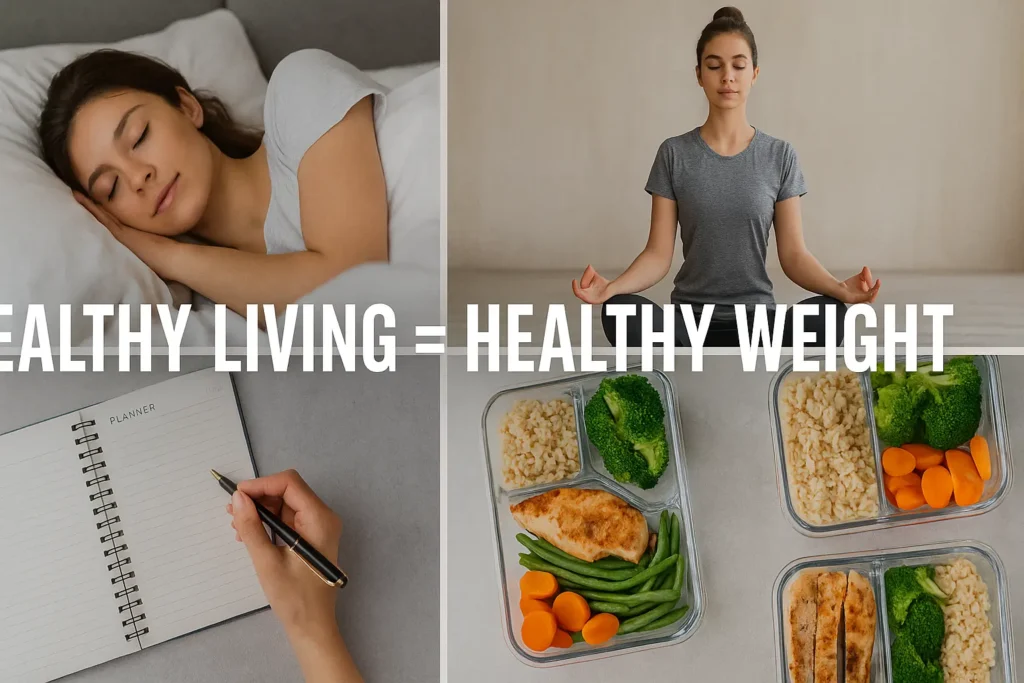 Visual of a person meditating, meal prepping, and sleeping peacefully, highlighting healthy daily routines. Visual of a person meditating, meal prepping, and sleeping peacefully, highlighting healthy daily routines.