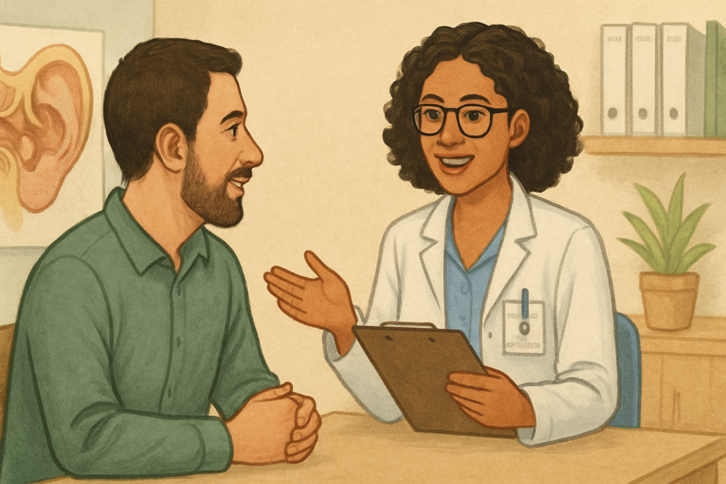 Patient consulting audiologist about hearing support" file 00000000a3b86230b0a44942e174c7d6