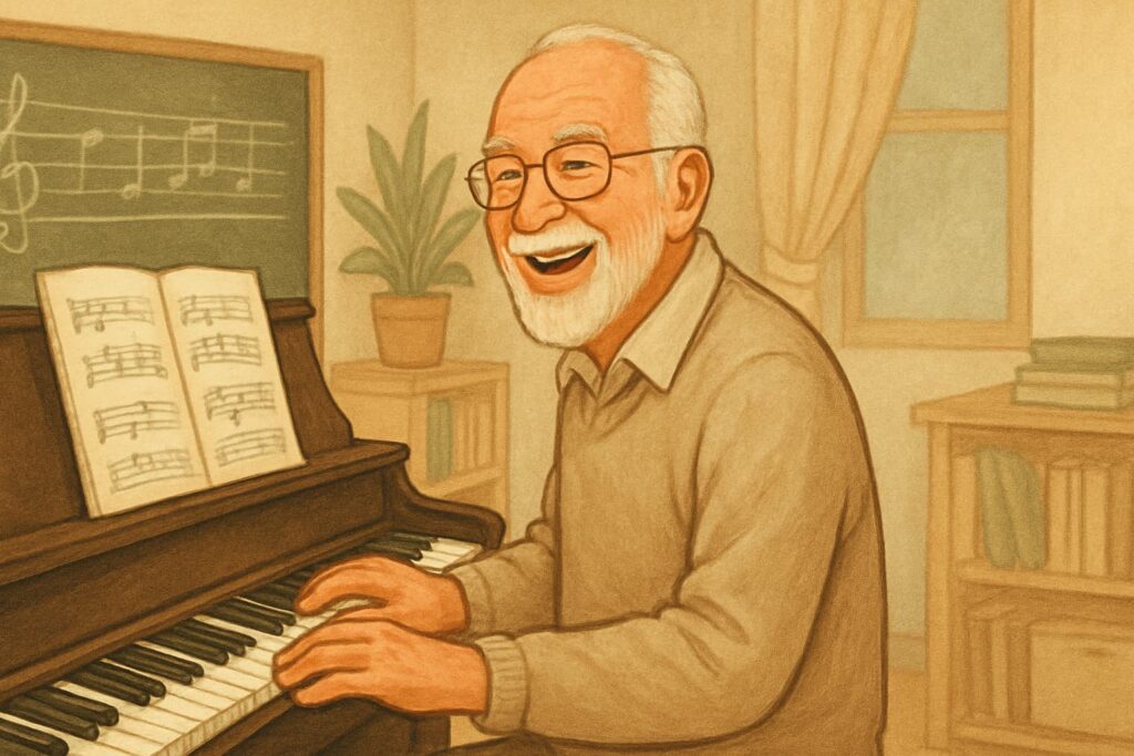 Elderly music teacher playing piano with joy" Elderly music teacher playing piano with joy"