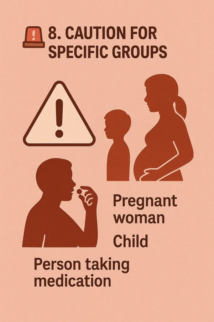 Warning sign icon with silhouettes of a pregnant woman, child, and person with medication bottle—indicating groups that should consult a doctor before use.” Warning sign icon with silhouettes of a pregnant woman, child, and person with medication bottle—indicating groups that should consult a doctor before use.”