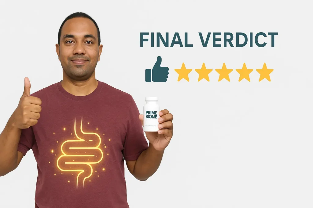Person holding Prime Biome bottle confidently with a glowing stomach, symbolizing gut health improvement and satisfaction. Person holding Prime Biome bottle confidently with a glowing stomach, symbolizing gut health improvement and satisfaction.