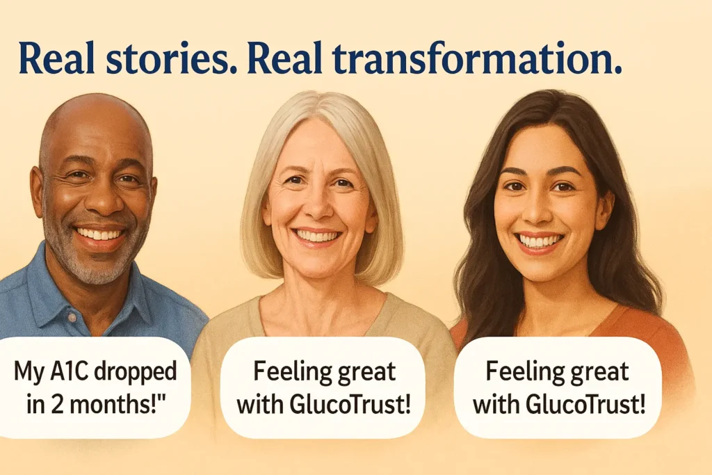 Testimonial graphic featuring three diverse GlucoTrust users—Sarah (52), Michael (47), and Jennifer (63)—sharing real experiences with the supplement. The layout highlights star ratings, quotes about improved blood sugar, reduced cravings, better sleep, and concerns about price. Designed in a clean, easy-to-read format to emphasize authenticity and user variety. Testimonial graphic featuring three diverse GlucoTrust users—Sarah (52), Michael (47), and Jennifer (63)—sharing real experiences with the supplement. The layout highlights star ratings, quotes about improved blood sugar, reduced cravings, better sleep, and concerns about price. Designed in a clean, easy-to-read format to emphasize authenticity and user variety.