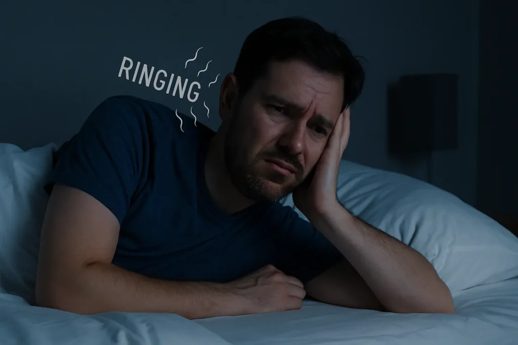 Quietum Plus Reviews- A person lying in bed at night, experiencing a ringing or buzzing sound in their ears, symbolizing the discomfort and isolation of tinnitus Quietum Plus Reviews- A person lying in bed at night, experiencing a ringing or buzzing sound in their ears, symbolizing the discomfort and isolation of tinnitus