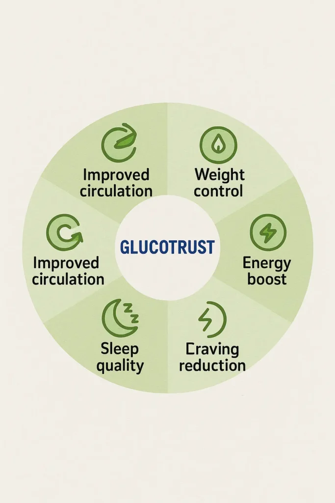 Circular infographic highlighting GlucoTrust’s benefits: stable blood sugar, weight control, reduced cravings, better sleep, and increased energy.” Circular infographic highlighting GlucoTrust’s benefits: stable blood sugar, weight control, reduced cravings, better sleep, and increased energy.”