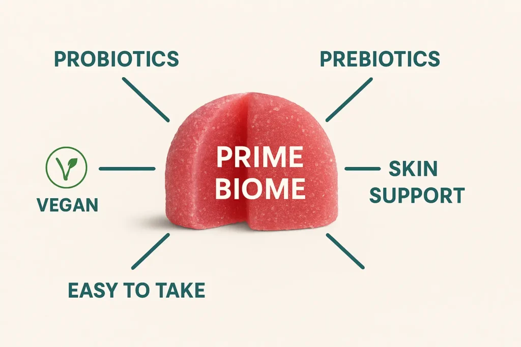 Illustration of a wellness journey path from taking one gummy a day to improved gut health, glowing skin, and elevated energy." Illustration of a wellness journey path from taking one gummy a day to improved gut health, glowing skin, and elevated energy."