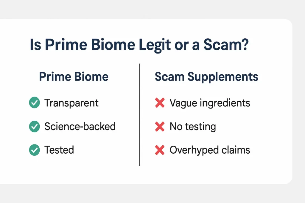 Comparison chart showing trusted features of Prime Biome versus red flags of scammy supplements. Comparison chart showing trusted features of Prime Biome versus red flags of scammy supplements.