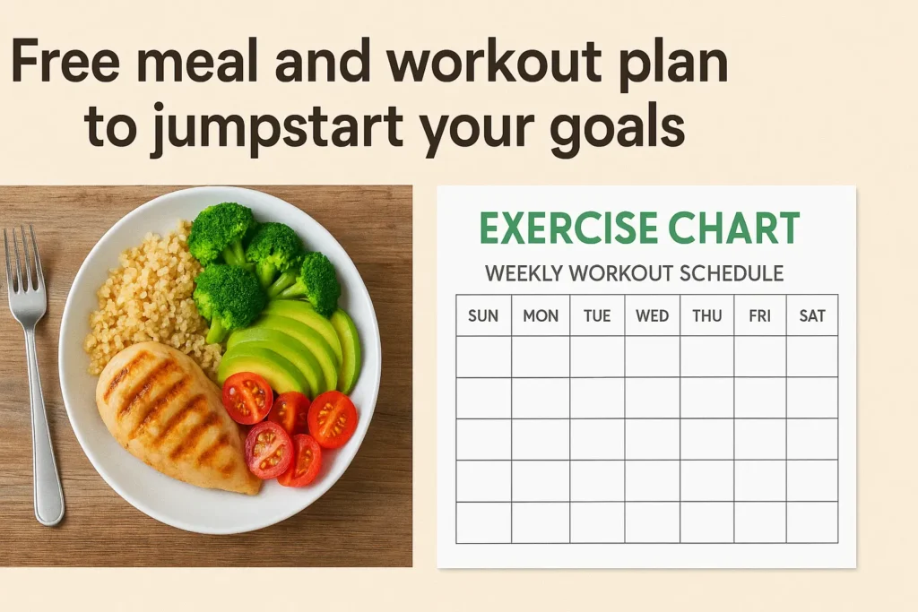 Printable-style chart mockup – plate of healthy food and weekly workout schedule. Printable-style chart mockup – plate of healthy food and weekly workout schedule.