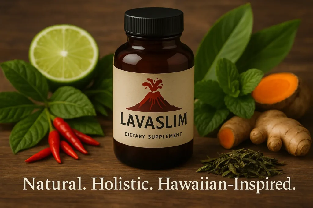LavaSlim Review - A stylized bottle of LavaSlim surrounded by natural, plant-based ingredients.