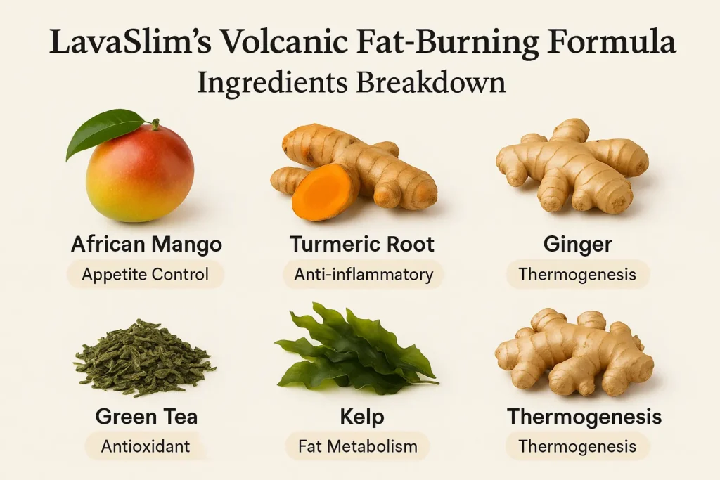 A clean ingredient infographic showing the 6 main ingredients with icons or actual photos (e.g., turmeric root, ginger, seaweed, African mango).