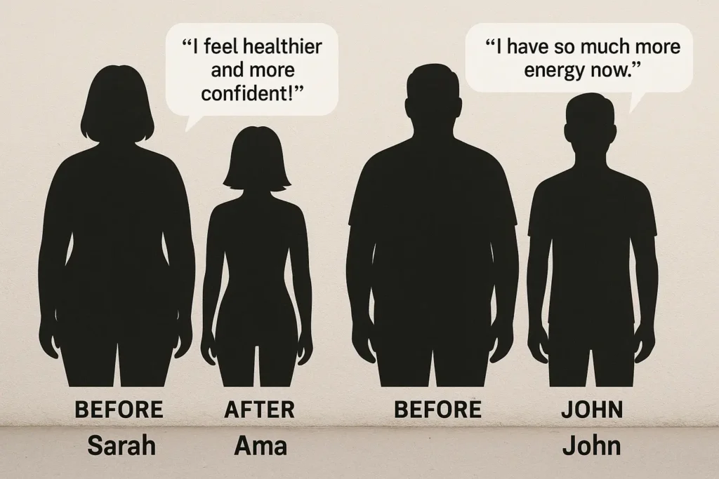 Before/after silhouette photos of Sarah and John (use generic avatars to represent them, or illustrated versions).
