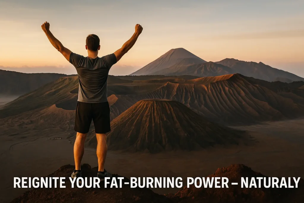 A visual metaphor: person standing atop a volcanic ridge, arms raised, looking fit and free.

