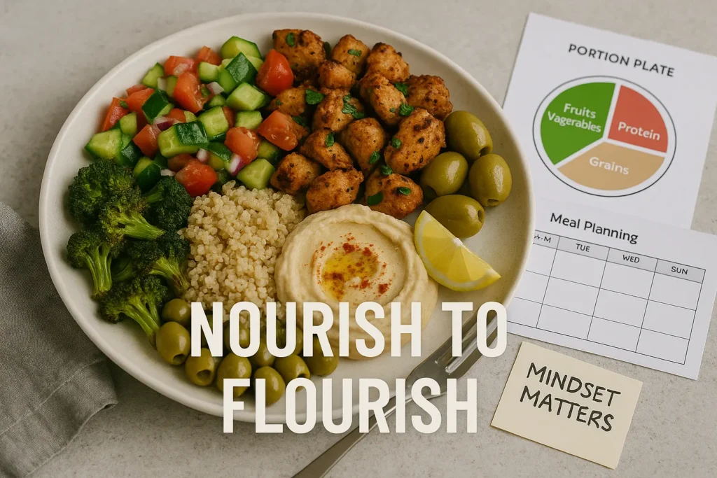 A Mediterranean-style meal with vegetables, lean protein, and whole grains, emphasizing balance and healthy eating. A Mediterranean-style meal with vegetables, lean protein, and whole grains, emphasizing balance and healthy eating.