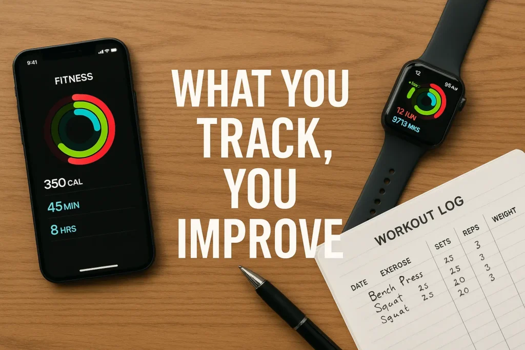 A fitness app on a smartphone, a smartwatch, and a handwritten food log showing tracked weight loss progress. A fitness app on a smartphone, a smartwatch, and a handwritten food log showing tracked weight loss progress.