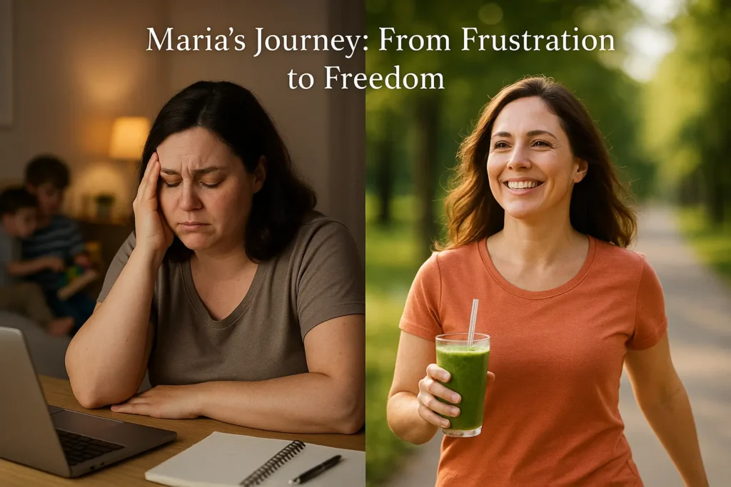 Before-and-after image of Maria—first looking tired and stressed at a desk, then smiling outdoors with a smoothie, showing her weight loss transformation. Before-and-after image of Maria—first looking tired and stressed at a desk, then smiling outdoors with a smoothie, showing her weight loss transformation.