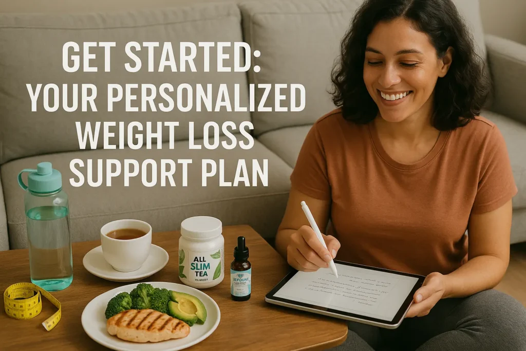 Person writing a personalized weight loss plan in a journal, surrounded by healthy food, supplements, and fitness tools like a water bottle and scale. Person writing a personalized weight loss plan in a journal, surrounded by healthy food, supplements, and fitness tools like a water bottle and scale.