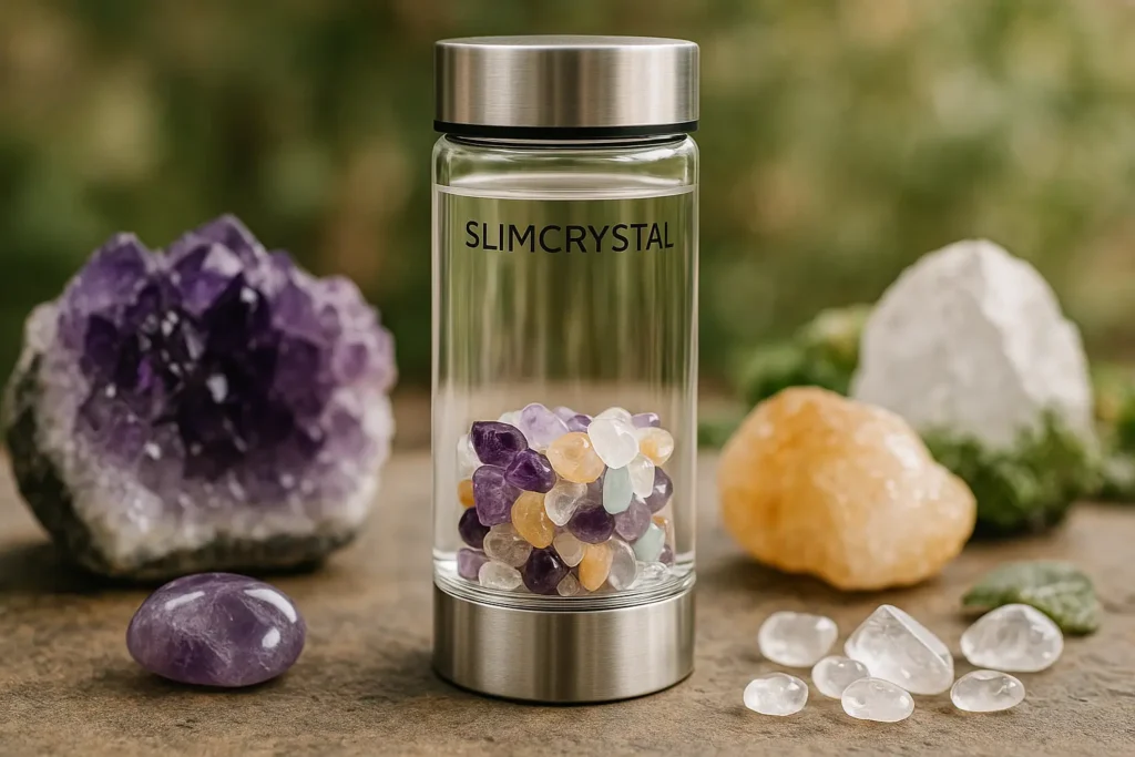 SlimCrystal - Close-up of a SlimCrystal water bottle showing nine colorful crystals inside a transparent chamber SlimCrystal - Close-up of a SlimCrystal water bottle showing nine colorful crystals inside a transparent chamber