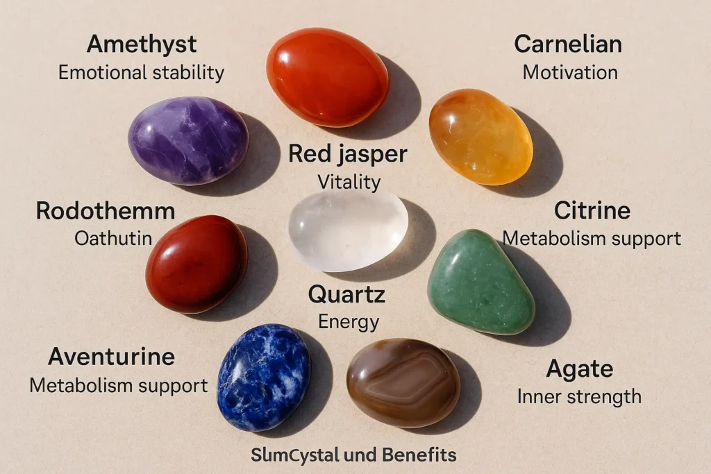 Nine polished healing crystals arranged neatly with labels, including amethyst, citrine, carnelian, and clear quartz.