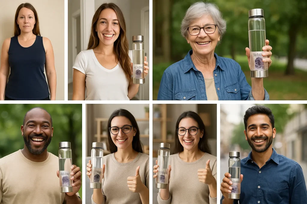 Collage of happy SlimCrystal users from different backgrounds holding their bottles and sharing positive experiences. Collage of happy SlimCrystal users from different backgrounds holding their bottles and sharing positive experiences.