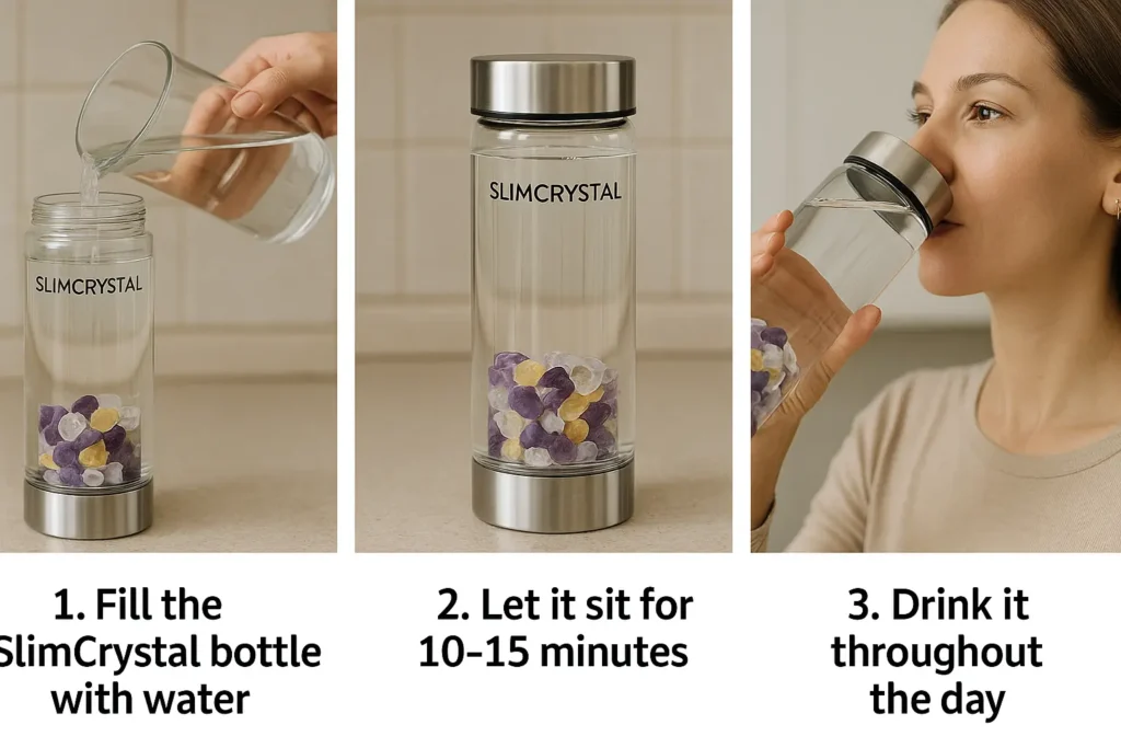 Step-by-step visuals showing a person filling, infusing, and drinking water from a SlimCrystal bottle throughout the day. Step-by-step visuals showing a person filling, infusing, and drinking water from a SlimCrystal bottle throughout the day.