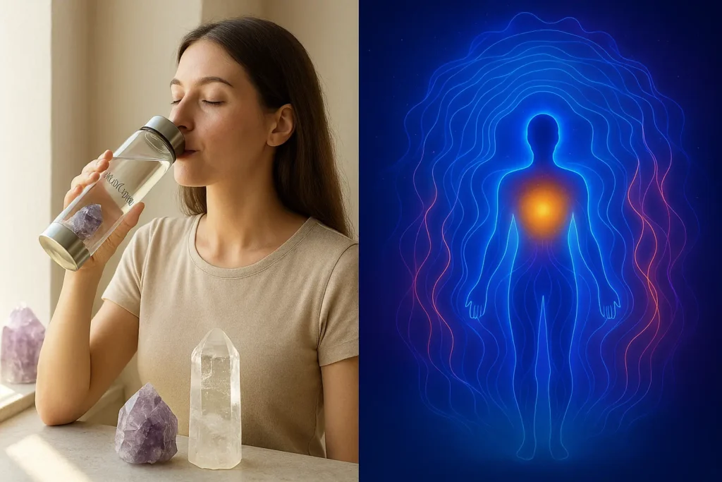 "Split image showing a woman drinking water peacefully and an abstract energy wave surrounding a human silhouette, representing vibrational wellness." "Split image showing a woman drinking water peacefully and an abstract energy wave surrounding a human silhouette, representing vibrational wellness."