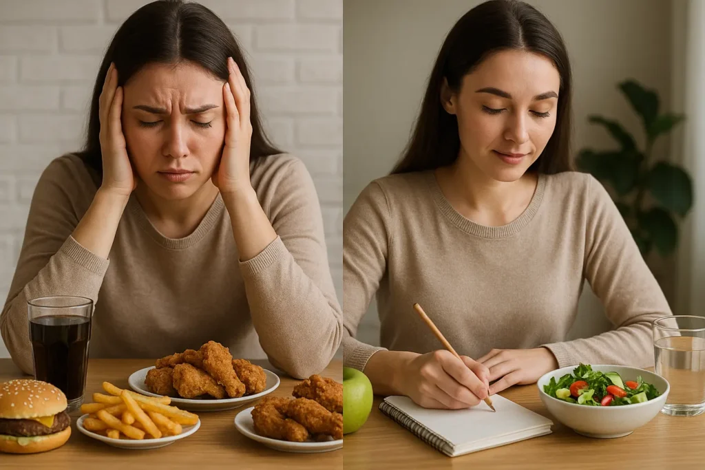 Weight Loss Therapy - Before-and-after scene of a woman managing emotional eating—first stressed with junk food, then calm and journaling with healthy food. Weight Loss Therapy - Before-and-after scene of a woman managing emotional eating—first stressed with junk food, then calm and journaling with healthy food.