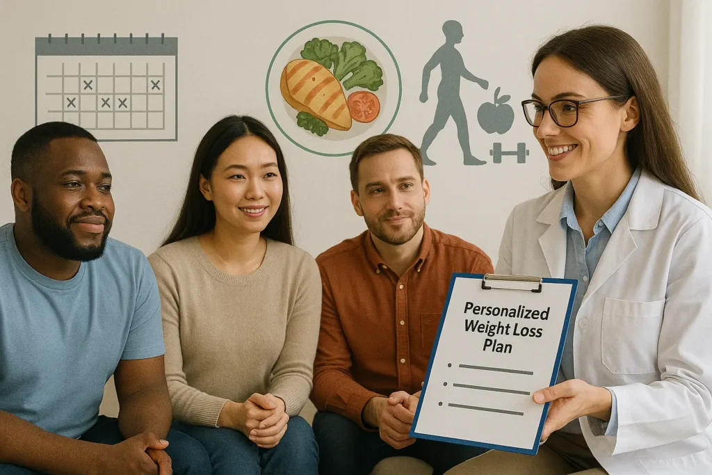 "Health coach creating personalized weight loss plan for diverse individuals with customized diet and lifestyle charts in the background" "Health coach creating personalized weight loss plan for diverse individuals with customized diet and lifestyle charts in the background"