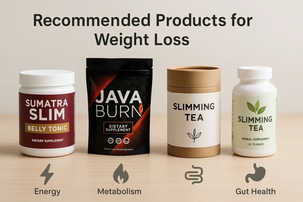 "Line-up of popular weight loss supplements and teas displayed with icons for metabolism, digestion, and energy support" "Line-up of popular weight loss supplements and teas displayed with icons for metabolism, digestion, and energy support"