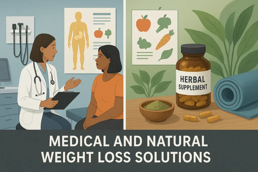 "Side-by-side visual of medical weight loss consultation and natural wellness scene with herbal supplements and yoga mat" "Side-by-side visual of medical weight loss consultation and natural wellness scene with herbal supplements and yoga mat"