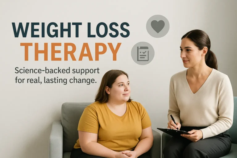 Professional therapist consulting with a woman during a weight loss therapy session, emphasizing science-backed support for lasting change.
