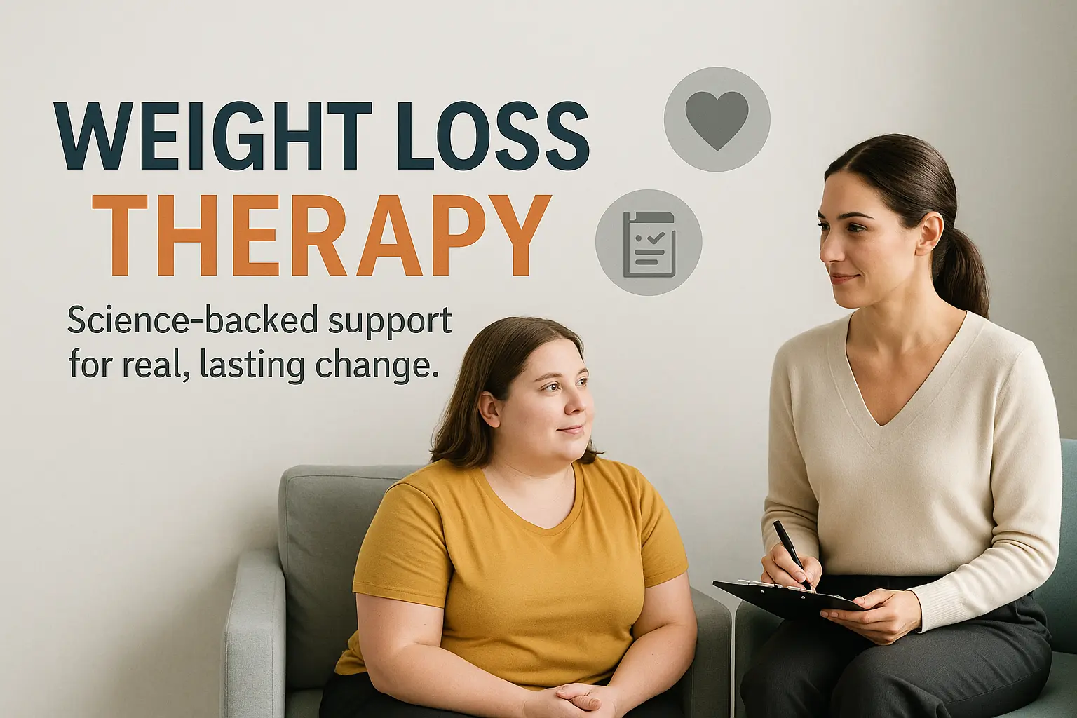 Professional therapist consulting with a woman during a weight loss therapy session, emphasizing science-backed support for lasting change.