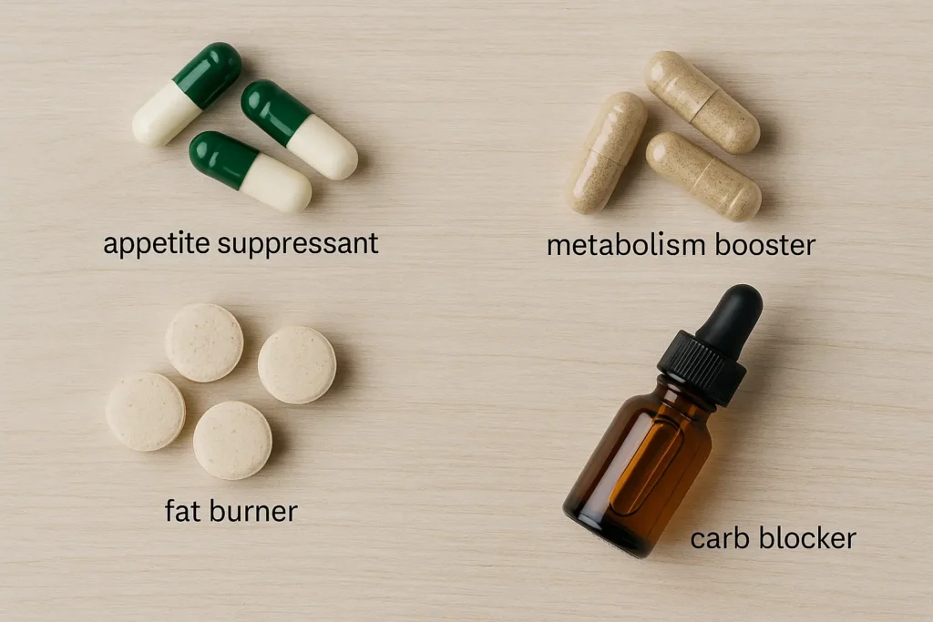 Weight Loss Pills - Flat lay of various weight loss pills, including capsules, tablets, and herbal droppers, labeled for different purposes.

