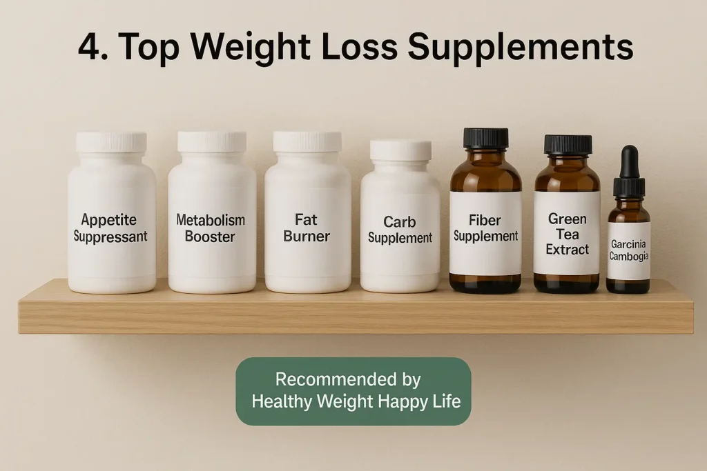 Display of top-rated natural weight loss supplements on a clean shelf with a Healthy Weight Happy Life label.

