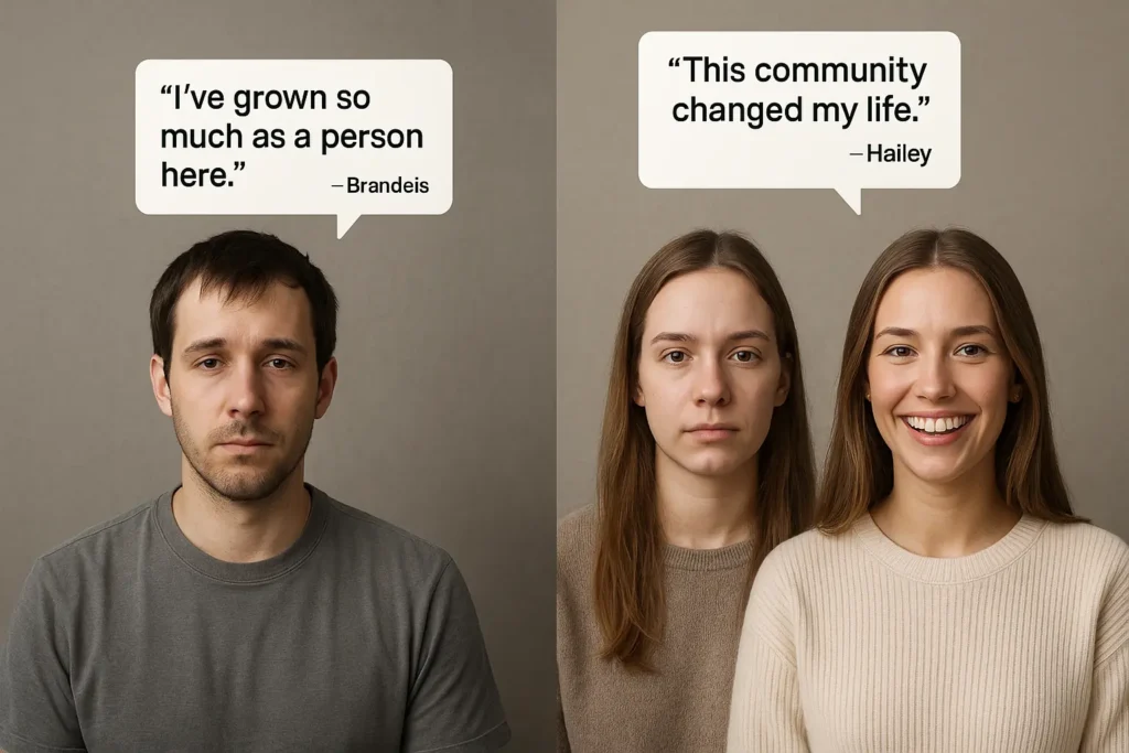 Side-by-side before-and-after photos of real people smiling, with inspirational quote bubbles from their transformation stories.

