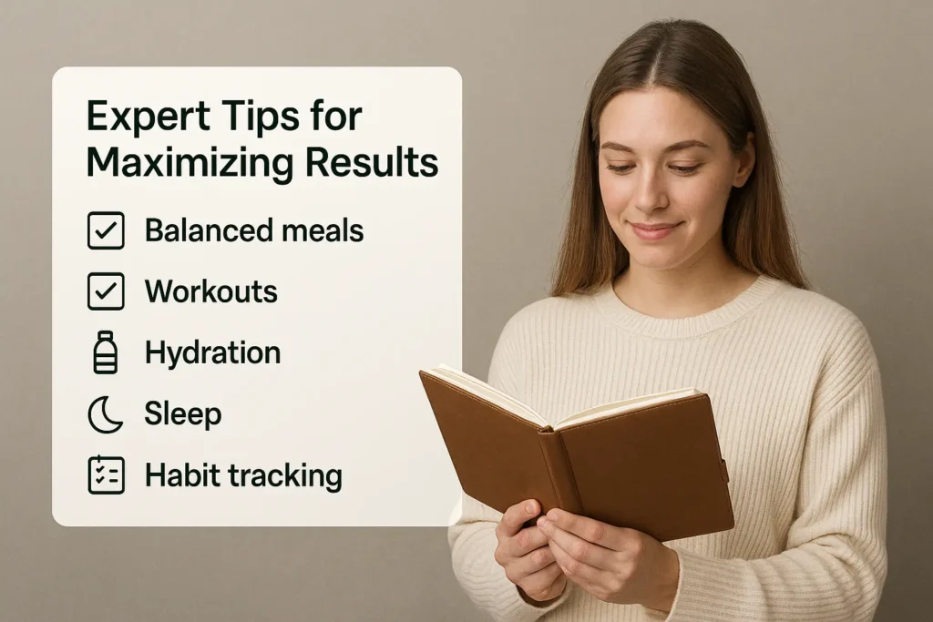 Checklist infographic showing tips like balanced eating, exercise, sleep, hydration, and tracking progress for better results.

