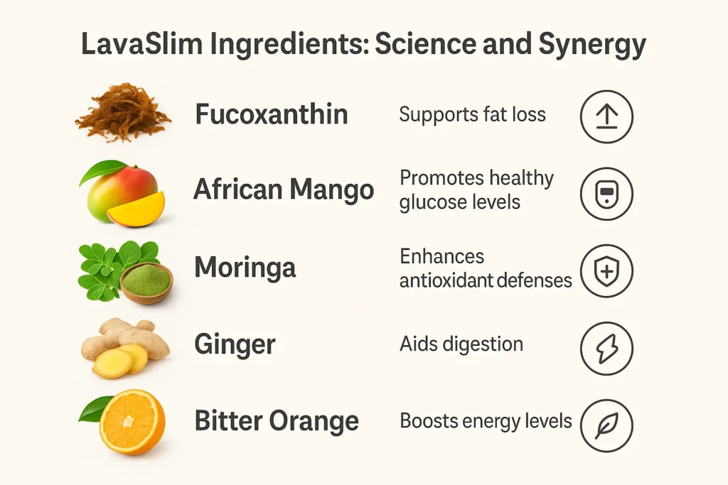 Flat lay of LavaSlim ingredients: brown seaweed, African mango, moringa leaves, ginger root, and bitter orange on a wooden background. Flat lay of LavaSlim ingredients: brown seaweed, African mango, moringa leaves, ginger root, and bitter orange on a wooden background.