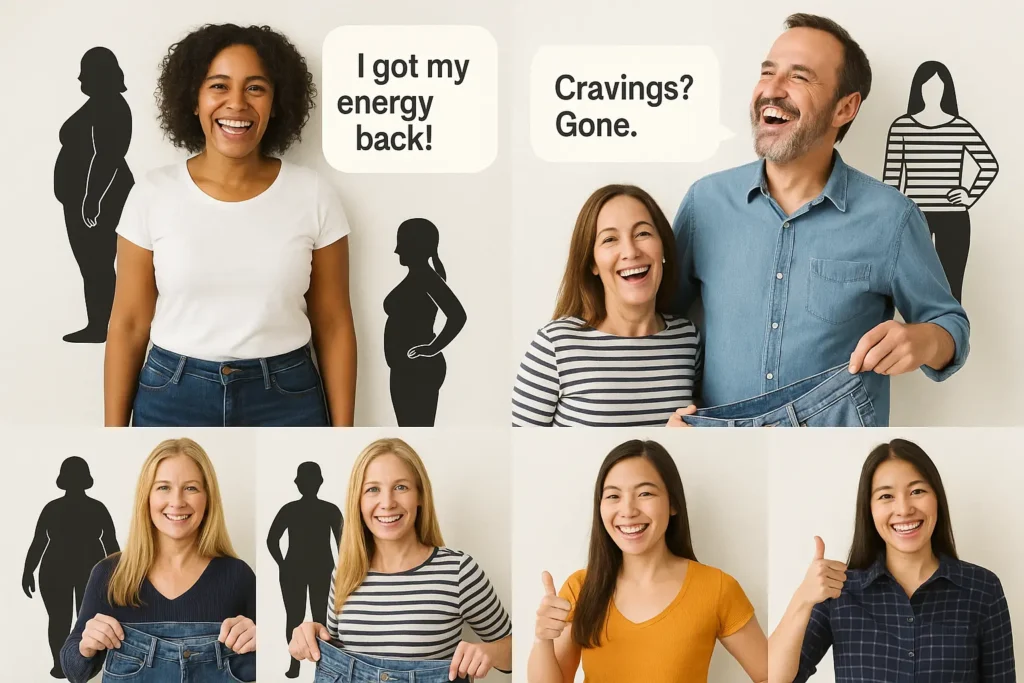Before and after transformation collage of diverse people showing visible weight loss and improved confidence with LavaSlim. Before and after transformation collage of diverse people showing visible weight loss and improved confidence with LavaSlim.