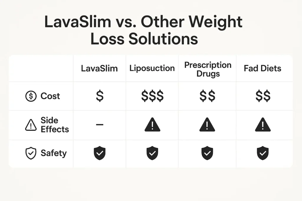 Clean infographic comparing LavaSlim to liposuction, prescription drugs, and diets, with green checks next to LavaSlim benefits. Clean infographic comparing LavaSlim to liposuction, prescription drugs, and diets, with green checks next to LavaSlim benefits.