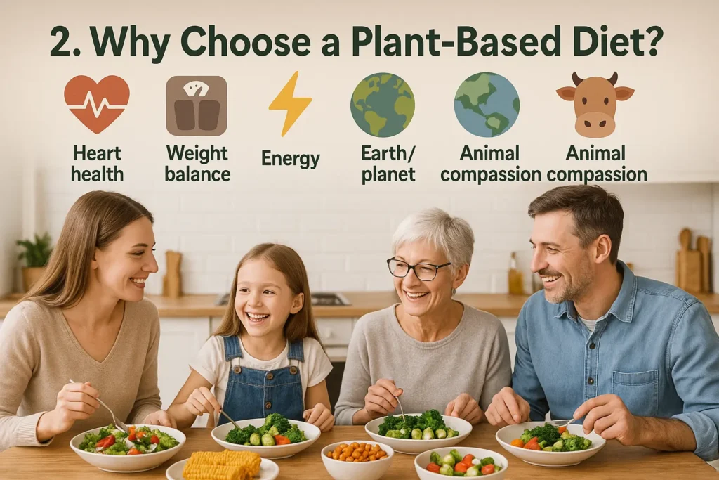Plant-based diets - Colorful infographic showing icons for heart health, weight balance, energy, the planet, and animal compassion, with a smiling family enjoying a vibrant plant-based meal at the dining table. Plant-based diets - Colorful infographic showing icons for heart health, weight balance, energy, the planet, and animal compassion, with a smiling family enjoying a vibrant plant-based meal at the dining table.
