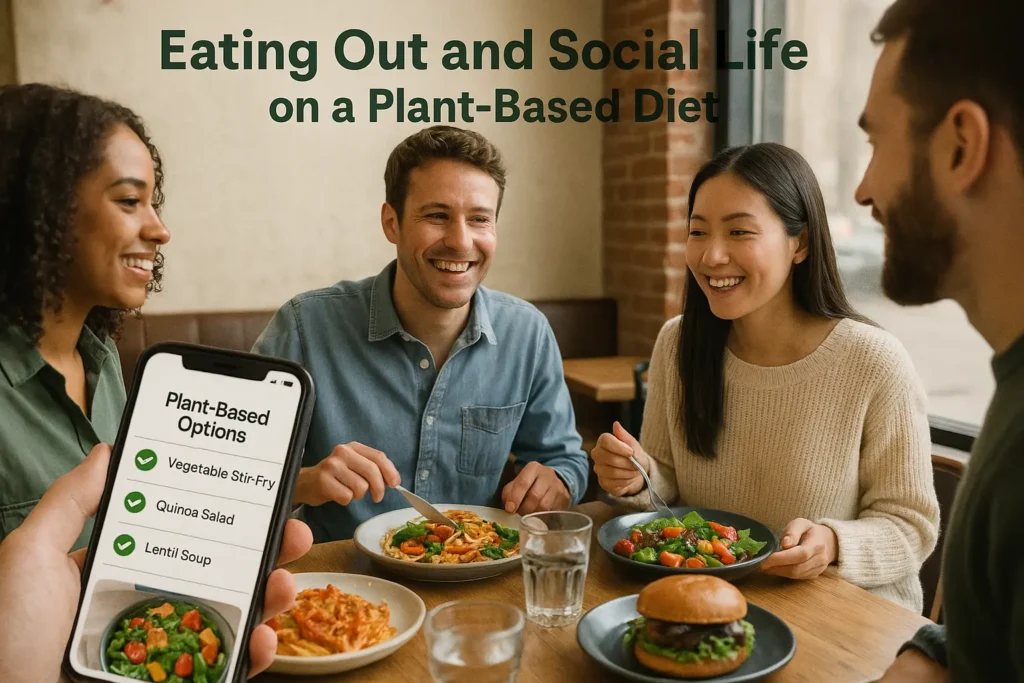 Friends at a restaurant enjoying colorful plant-based dishes and drinks, smiling and socializing.” Friends at a restaurant enjoying colorful plant-based dishes and drinks, smiling and socializing.”