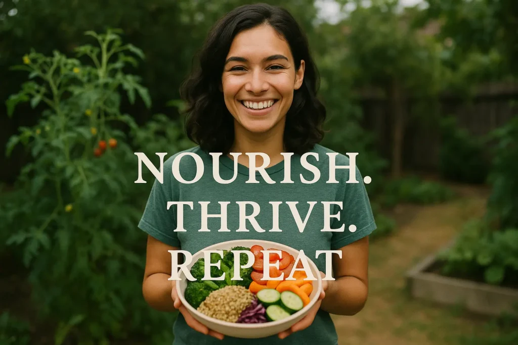 Vibrant plant-based meal on a plate in heart shape, with affirmations like ‘energy,’ ‘health,’ and ‘compassion’ in the background.” Vibrant plant-based meal on a plate in heart shape, with affirmations like ‘energy,’ ‘health,’ and ‘compassion’ in the background.”
