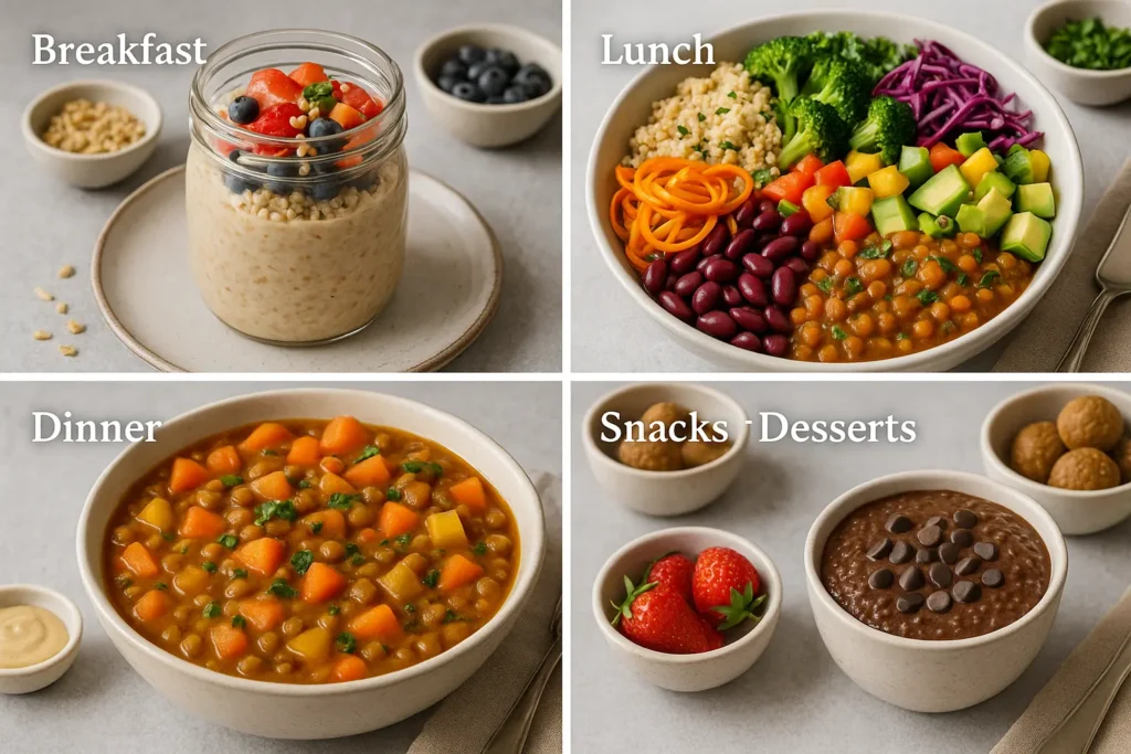 “Colorful collage of plant-based meals: overnight oats, tofu scramble, chickpea salad, lentil stew, stir-fried tofu, and chia pudding. “Colorful collage of plant-based meals: overnight oats, tofu scramble, chickpea salad, lentil stew, stir-fried tofu, and chia pudding.