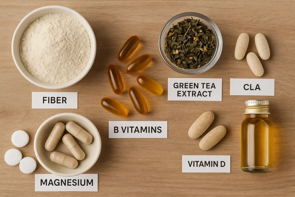 Weight Loss Vitamins - Flat lay of pills, powders, herbal teas, and liquid supplements labeled with ingredients like B vitamins, green tea extract, and fiber. Weight Loss Vitamins - Flat lay of pills, powders, herbal teas, and liquid supplements labeled with ingredients like B vitamins, green tea extract, and fiber.