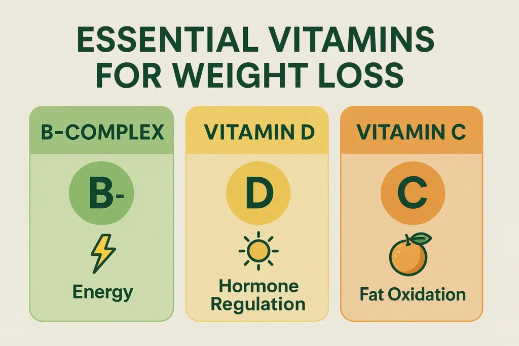 “Colorful infographic listing B vitamins, vitamin D, and vitamin C with icons for energy, hormone balance, and fat burning.” “Colorful infographic listing B vitamins, vitamin D, and vitamin C with icons for energy, hormone balance, and fat burning.”