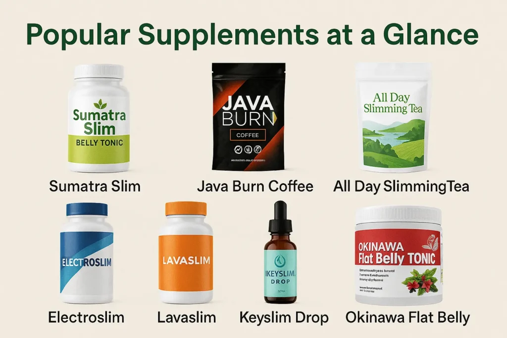 "Comparison chart of weight loss supplements like Java Burn, Sumatra Slim Belly Tonic, and All Day Slimming Tea with icons for metabolism boost, fat burning, and digestion support." "Comparison chart of weight loss supplements like Java Burn, Sumatra Slim Belly Tonic, and All Day Slimming Tea with icons for metabolism boost, fat burning, and digestion support."