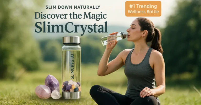Fit woman drinking from a SlimCrystal bottle outdoors with crystals and product branding, promoting natural weight loss and wellness.