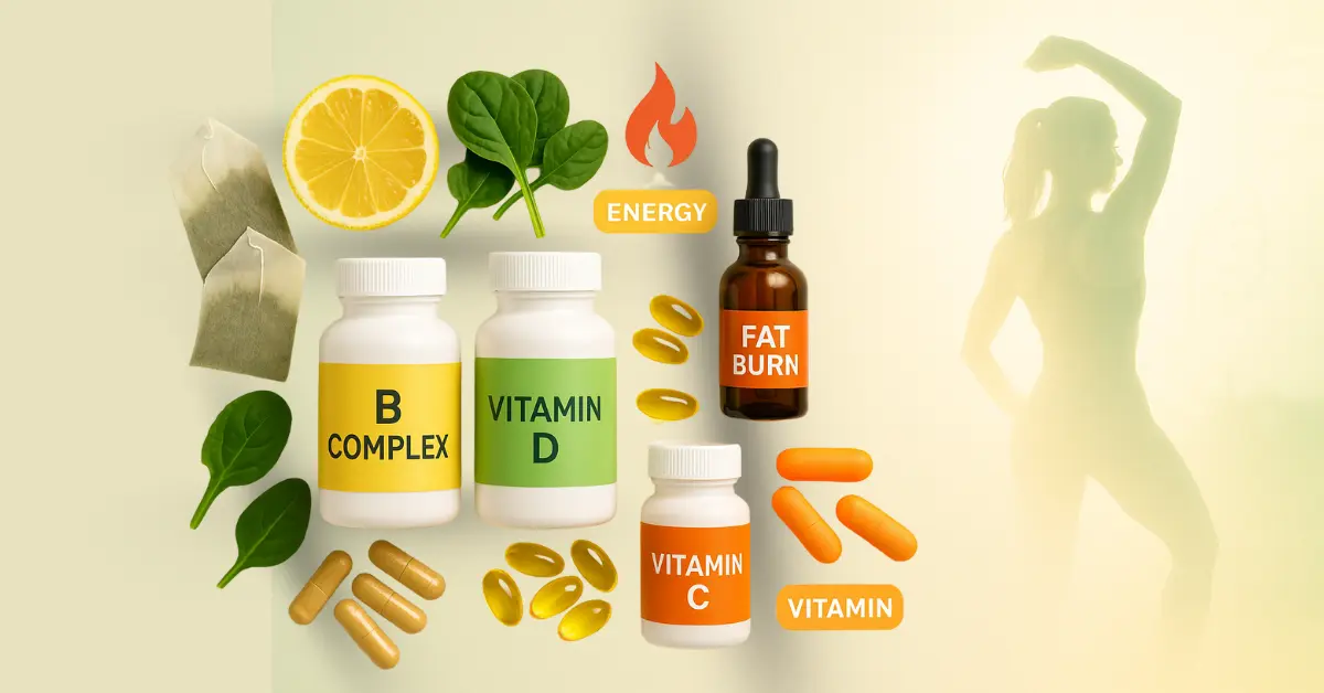 Flat lay of weight loss vitamins, herbal tea, and supplements with natural fat-burning ingredients like B12, Vitamin C, and green tea extract on a clean background.