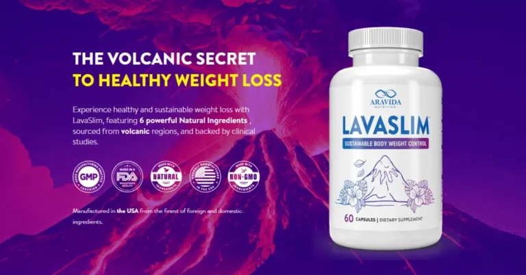 LavaSlim weight loss supplement bottle with volcanic background promoting sustainable body weight control using six natural ingredients from volcanic regions.