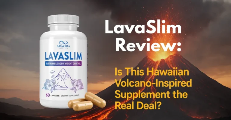 Realistic LavaSlim supplement bottle set against a vibrant Hawaiian volcanic landscape background, representing natural weight loss and core temperature support.