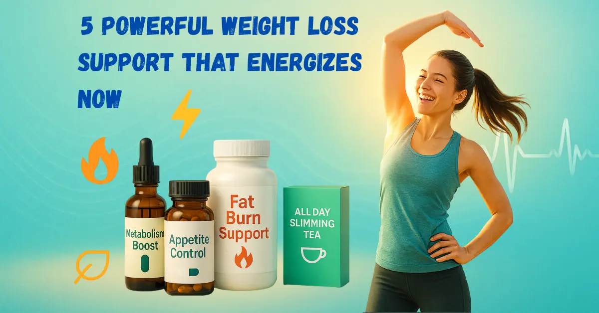 Smiling fit woman stretching beside weight loss supplements including metabolism booster, appetite control, fat burn support, and slimming tea with bright energizing background
